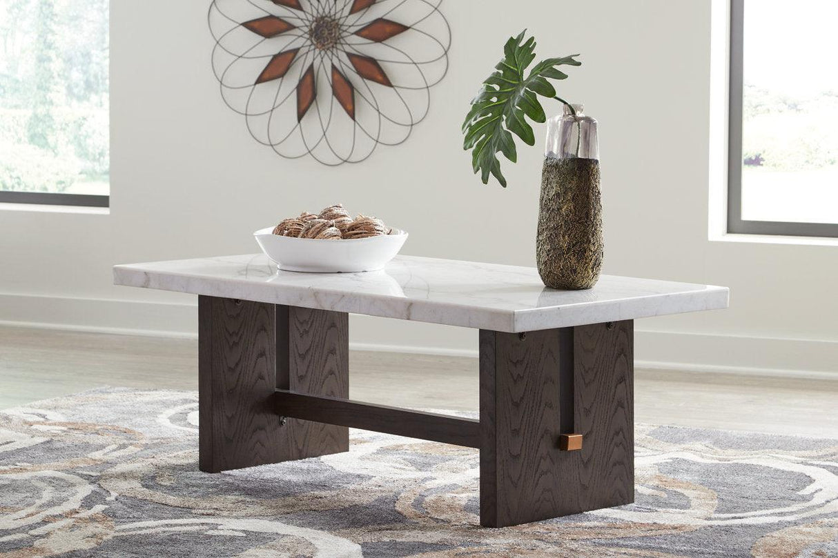 Burkhaus White/Dark Brown Coffee Table and 2 Ends by Ashley at Eve Furniture