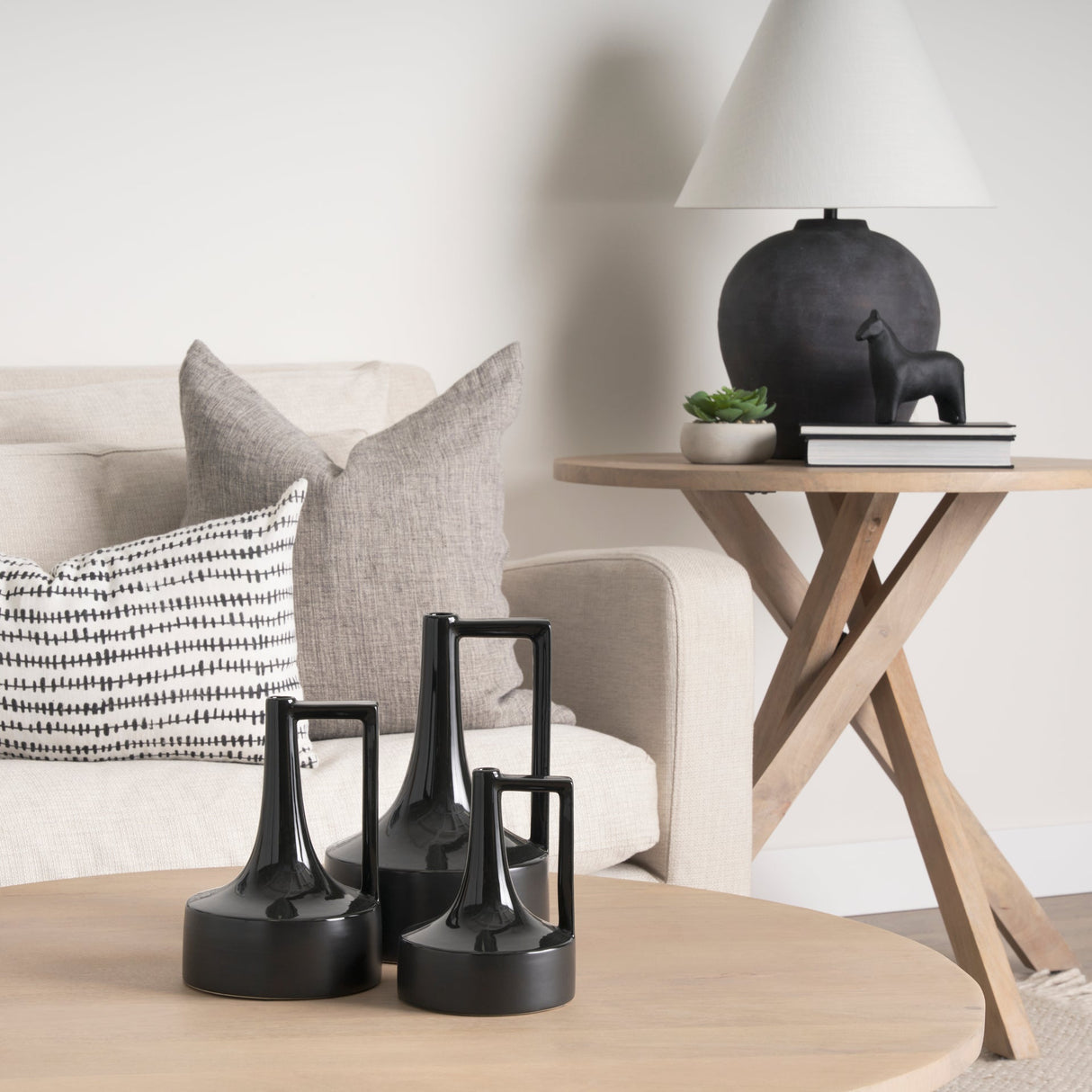 Burton 11.6H Medium Glossy and Matte Black Ceramic Jug Vase by Mercana at Eve Furniture