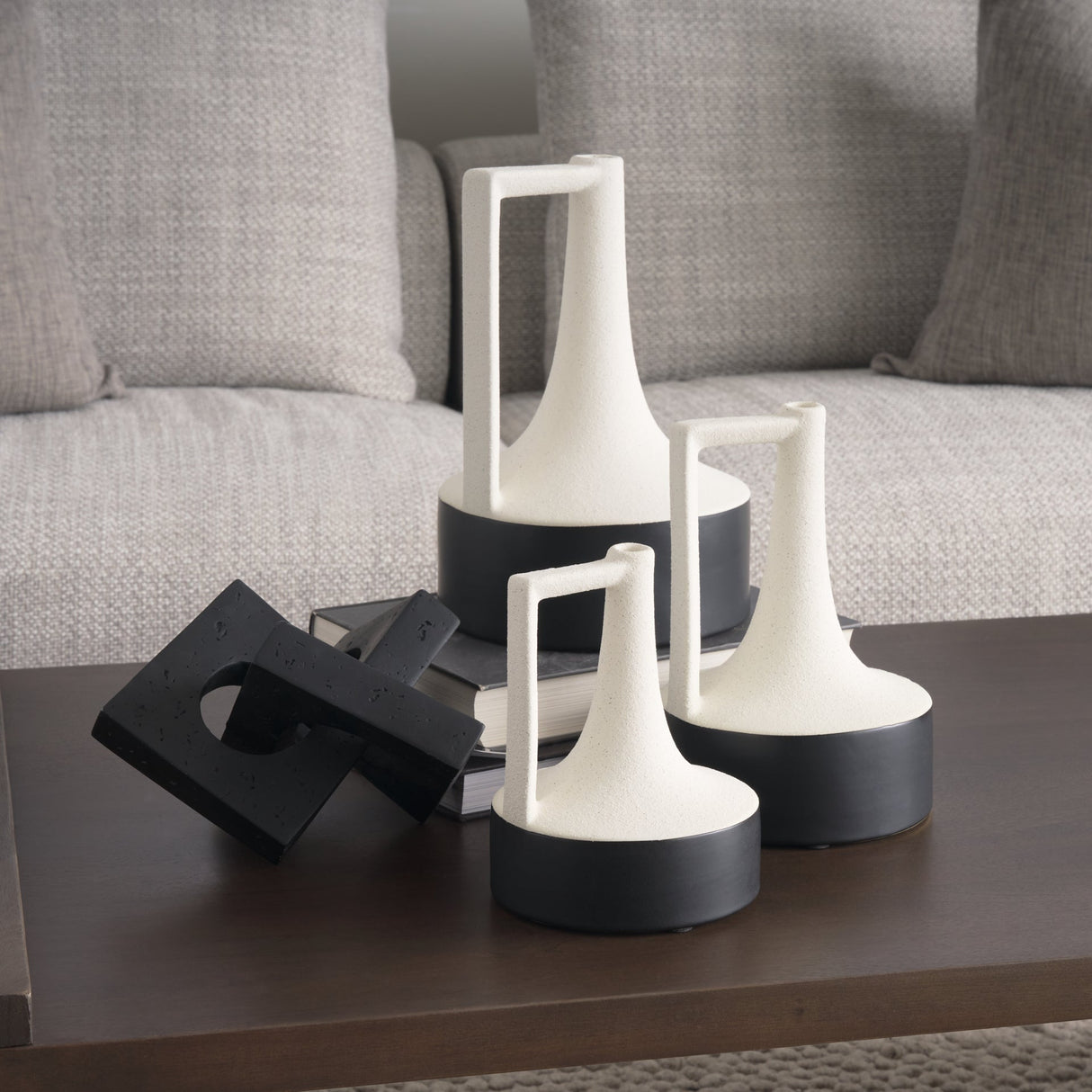 Burton 8.3H Small White and Black Ceramic Jug Vase by Mercana at Eve Furniture