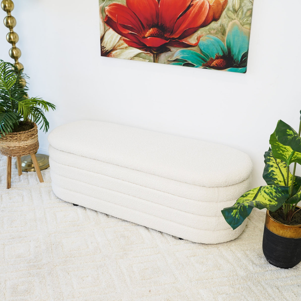 Cabana White Boucle Bench w/Storage by Ashcroft Furniture at Eve Furniture
