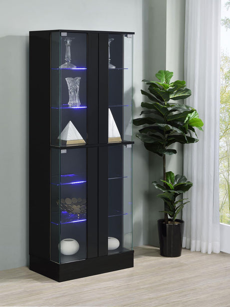 Cabra Display Case Curio Cabinet with Glass Shelves and LED Lighting Black High Gloss by Coaster at Eve Furniture