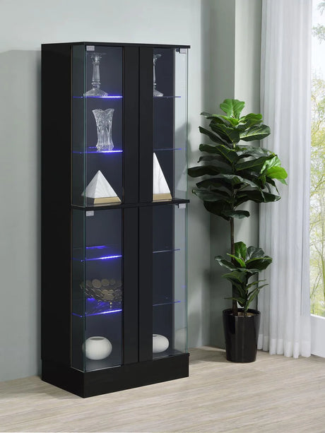 Cabra Display Case Curio Cabinet with Glass Shelves and LED Lighting Black High Gloss by Coaster at Eve Furniture
