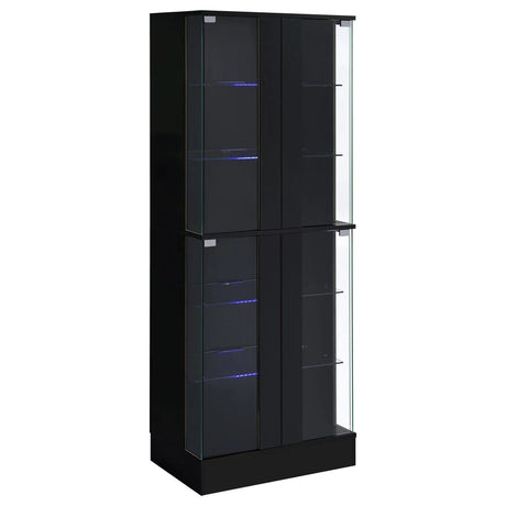 Cabra Display Case Curio Cabinet with Glass Shelves and LED Lighting Black High Gloss by Coaster at Eve Furniture