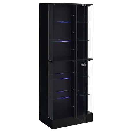 Cabra Display Case Curio Cabinet with Glass Shelves and LED Lighting Black High Gloss by Coaster at Eve Furniture