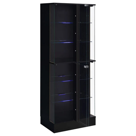 Cabra Display Case Curio Cabinet with Glass Shelves and LED Lighting Black High Gloss by Coaster at Eve Furniture