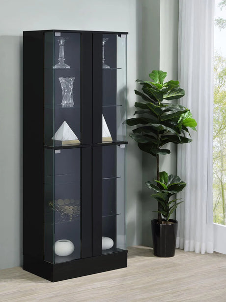 Cabra Display Case Curio Cabinet with Glass Shelves and LED Lighting Black High Gloss by Coaster at Eve Furniture