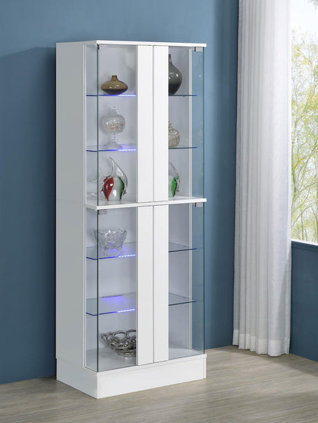 Cabra Display Case Curio Cabinet with Glass Shelves and LED Lighting White High Gloss by Coaster at Eve Furniture