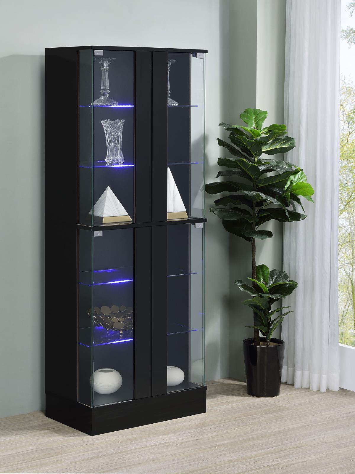 Cabra Display Case Curio Cabinet with Glass Shelves and LED Lighting Black High Gloss by Coaster at Eve Furniture