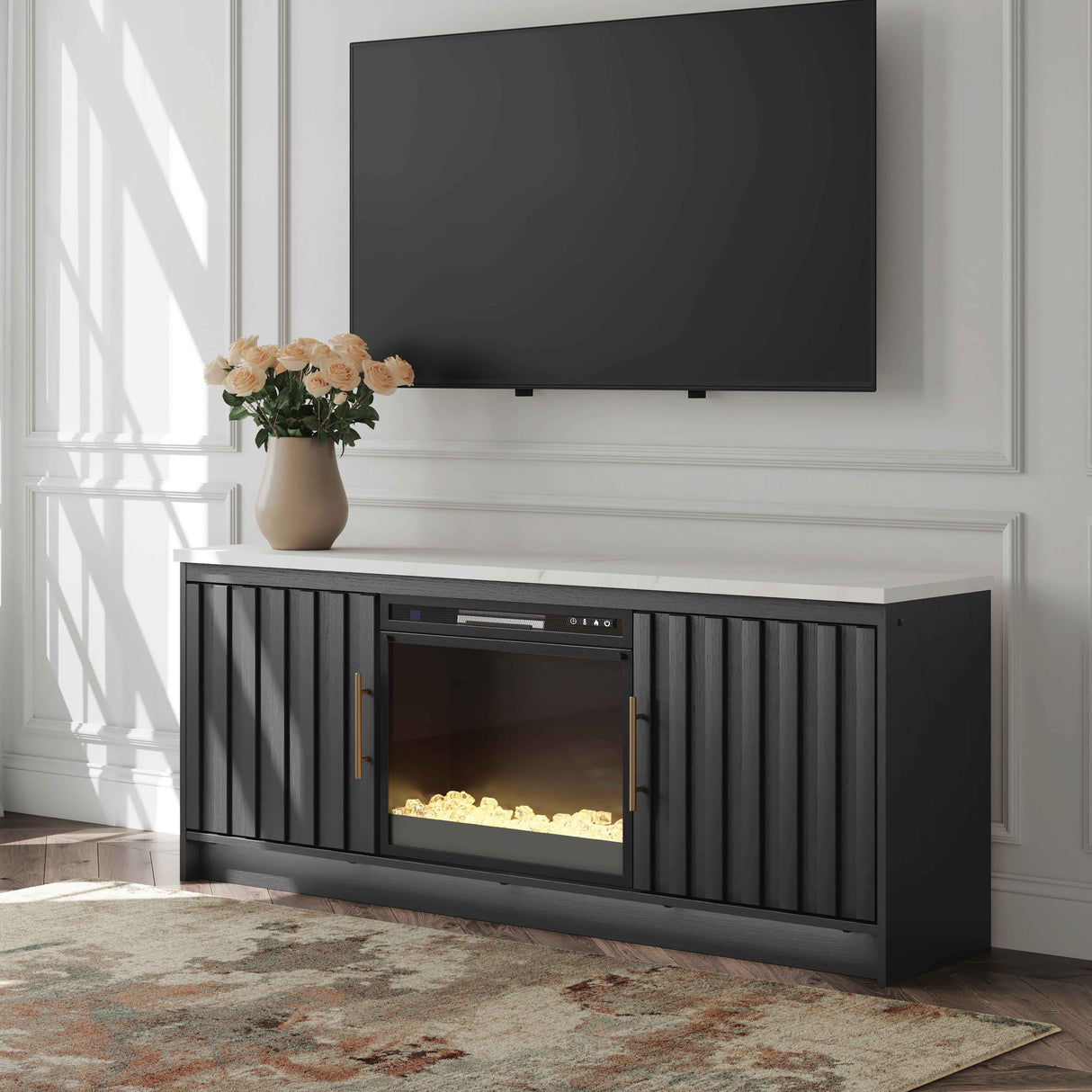 Cadmori Black & White 63" TV Stand with Electric Fireplace by Ashley at Eve Furniture