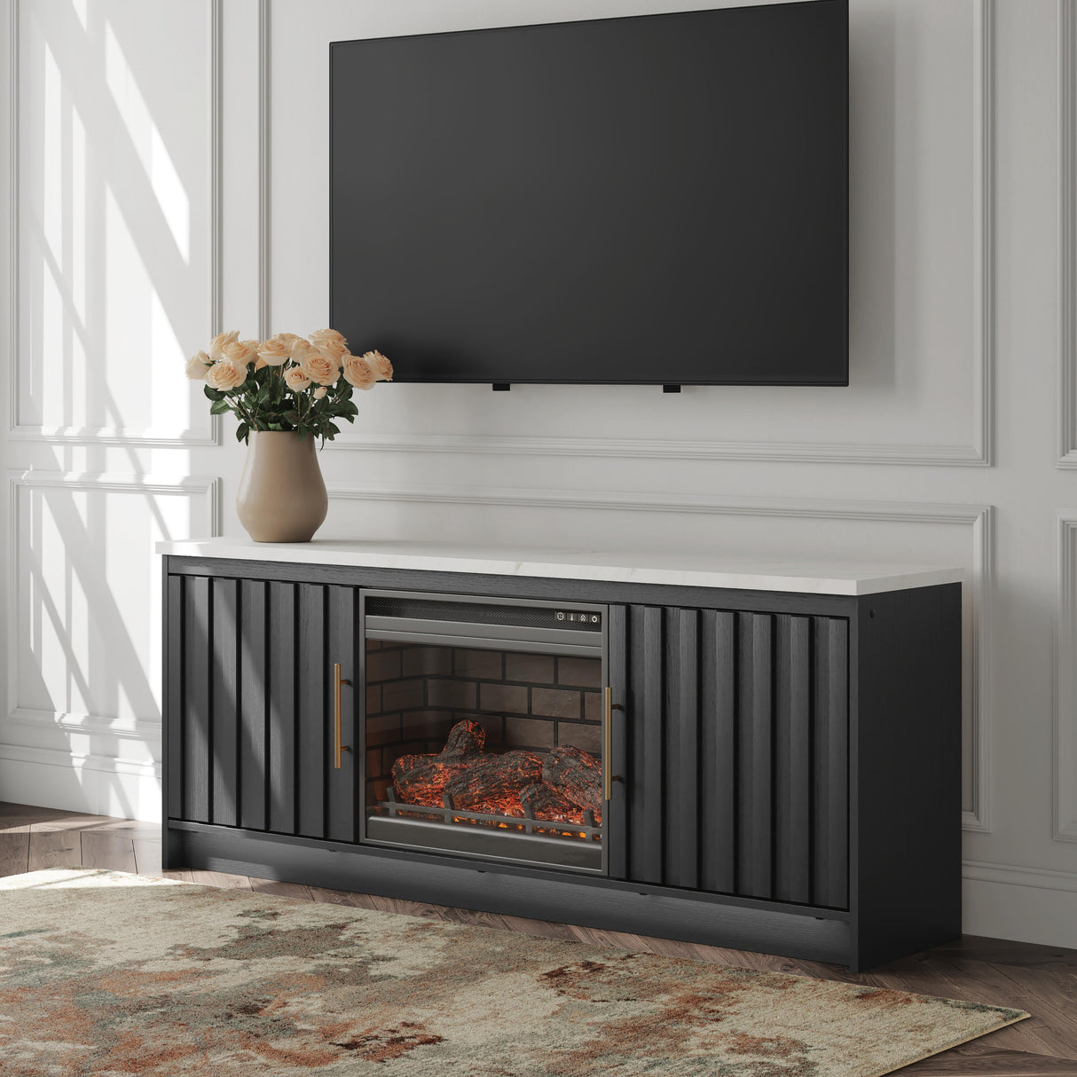 Cadmori Black/White 63" TV Stand with Electric Fireplace