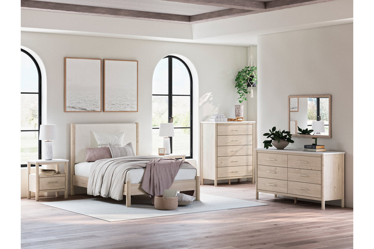 Cadmori Tan/Beige Full Upholstered Platform Bedroom Set by Ashley at Eve Furniture