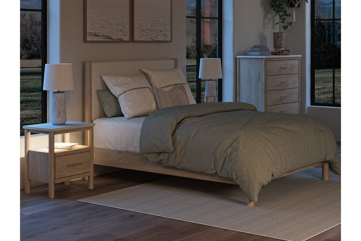 Cadmori Tan/Beige Queen Upholstered Platform Bed by Ashley at Eve Furniture