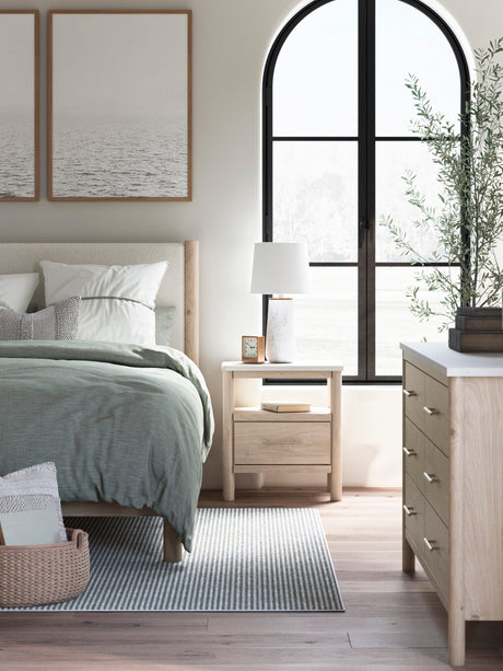 Cadmori Tan/Beige Upholstered Platform Bedroom Set by Ashley at Eve Furniture
