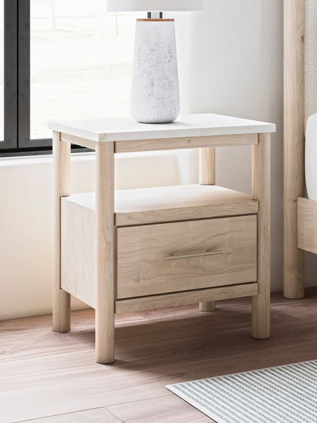 Cadmori Tan/Beige Upholstered Platform Bedroom Set by Ashley at Eve Furniture