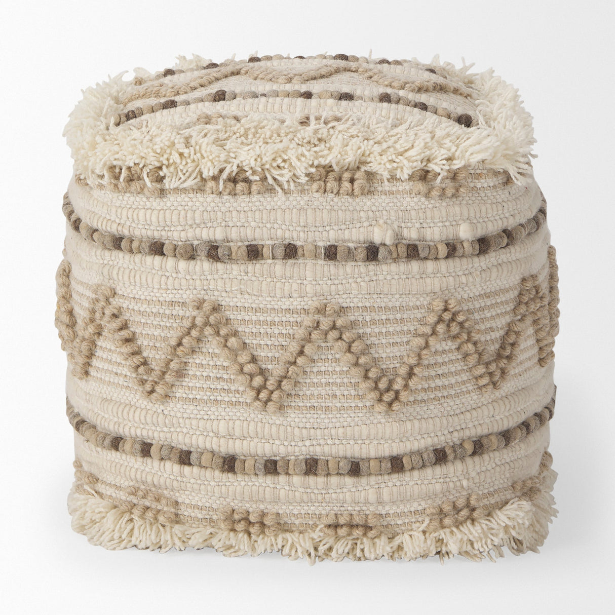 Caela Beige/Brown Wool, Cotton and Felt Popcorn Stitch Square Pouf by Mercana at Eve Furniture
