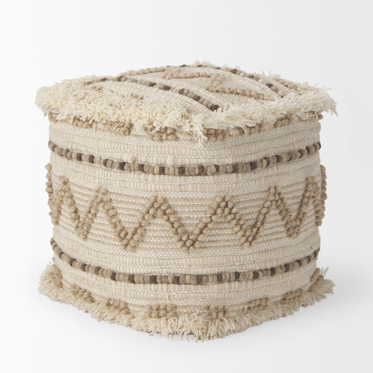 Caela Beige/Brown Wool, Cotton and Felt Popcorn Stitch Square Pouf by Mercana at Eve Furniture