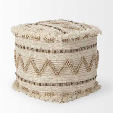 Caela Beige/Brown Wool, Cotton and Felt Popcorn Stitch Square Pouf by Mercana at Eve Furniture