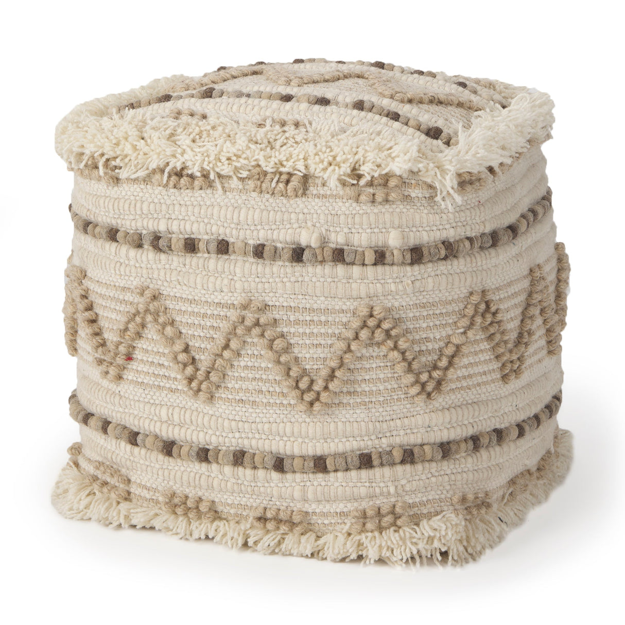 Caela Beige/Brown Wool, Cotton and Felt Popcorn Stitch Square Pouf by Mercana at Eve Furniture