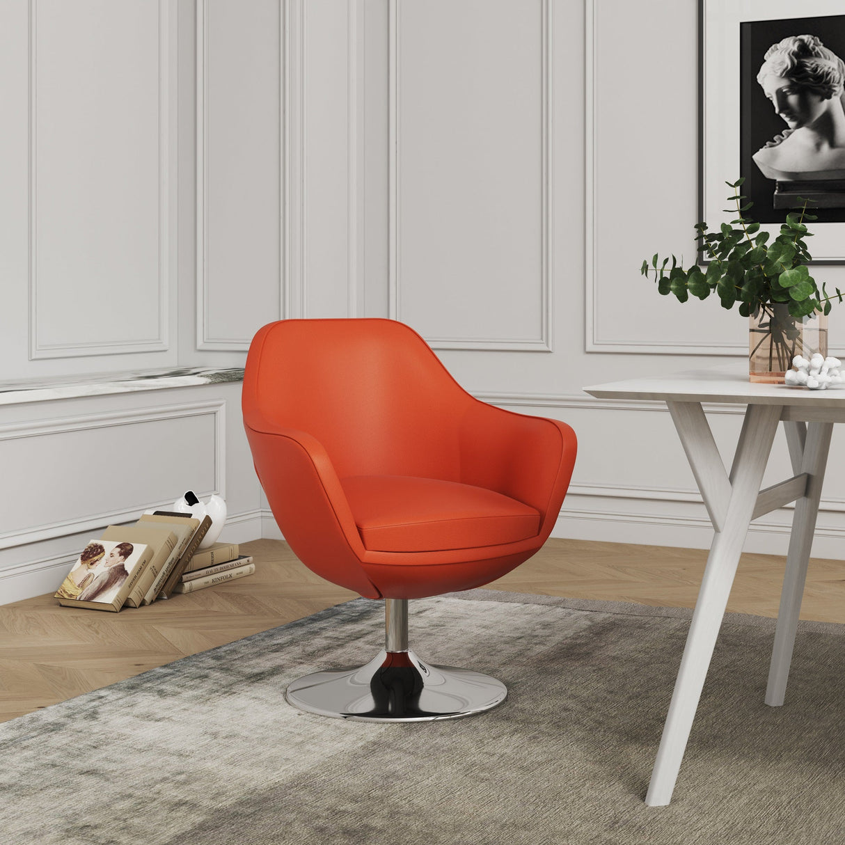 Caisson Faux Leather Swivel Accent Chair in Orange and Polished Chrome by Manhattan Comfort at Eve Furniture