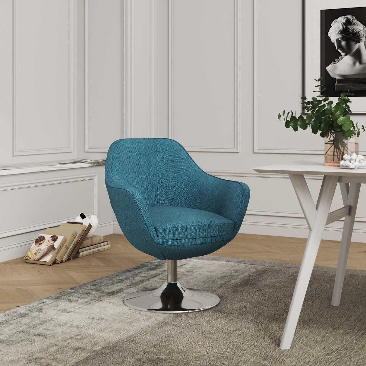 Caisson Swivel Accent Chair in Blue and Polished Chrome by Manhattan Comfort at Eve Furniture