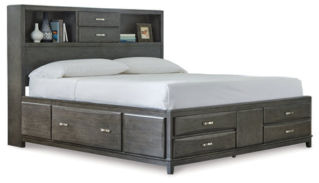 Caitbrook California King Storage Bed with 8 Storage Drawers with Mirrored Dresser, Chest and Nightstand in Gray