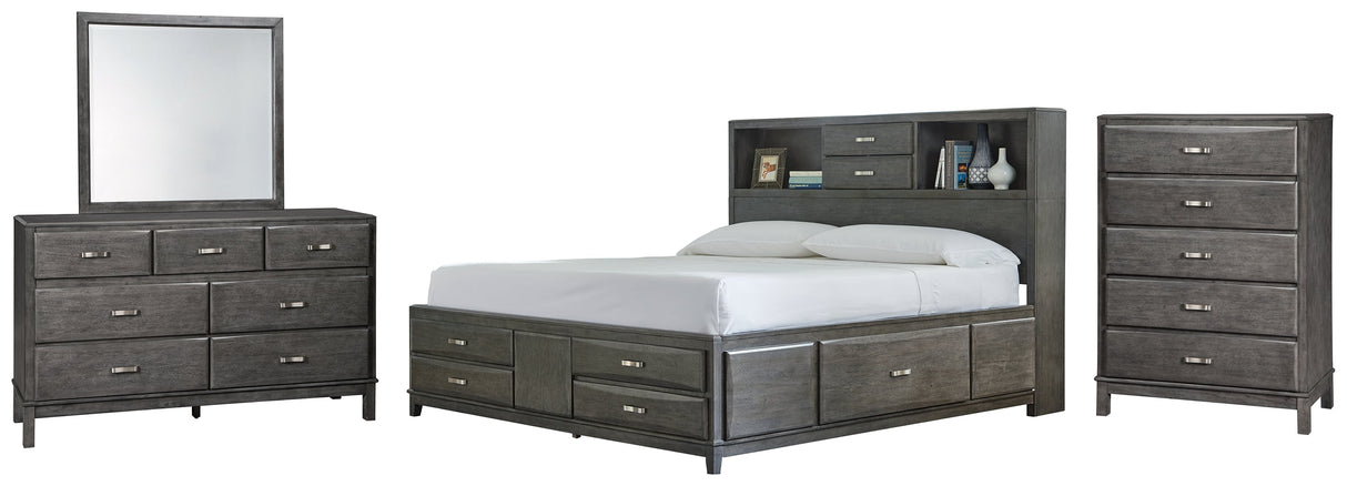 Caitbrook Full Storage Bed with 7 Storage Drawers with Mirrored Dresser and Chest in Gray