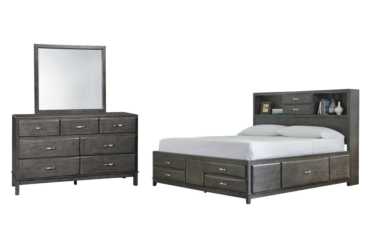 Caitbrook King Storage Bed with 8 Storage Drawers with Mirrored Dresser in Gray