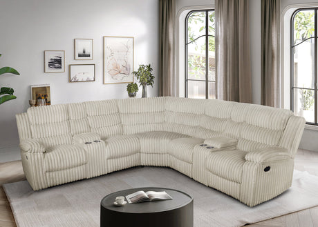 Calantha Cream Manual Reclining Sectional by New Era Innovations at Eve Furniture