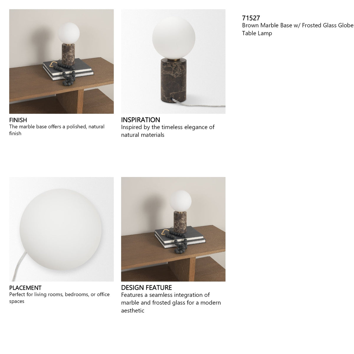Caldo Brown Marble Base w/ Frosted Glass Globe Table Lamp by Mercana at Eve Furniture