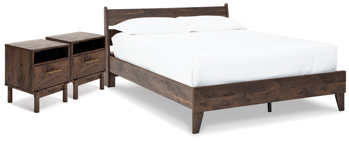 Calverson Queen Platform Bed with 2 Nightstands in Mocha