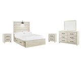 Cambeck Full Panel Bed with 2 Storage Drawers with Mirrored Dresser and 2 Nightstands in Whitewash