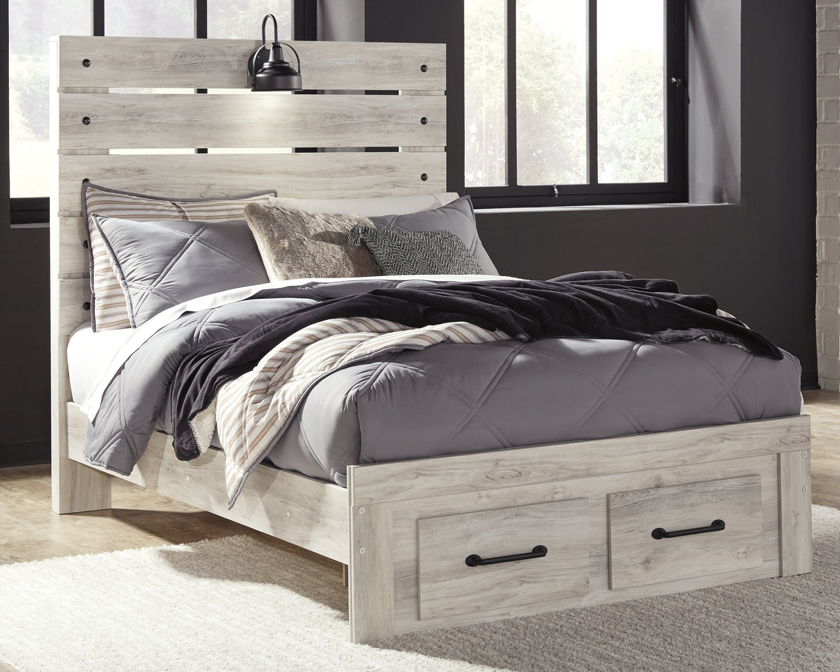 Cambeck Full Panel Bed with 2 Storage Drawers with Mirrored Dresser and 2 Nightstands in Whitewash