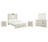 Cambeck Full Panel Bed with 2 Storage Drawers with Mirrored Dresser and 2 Nightstands in Whitewash