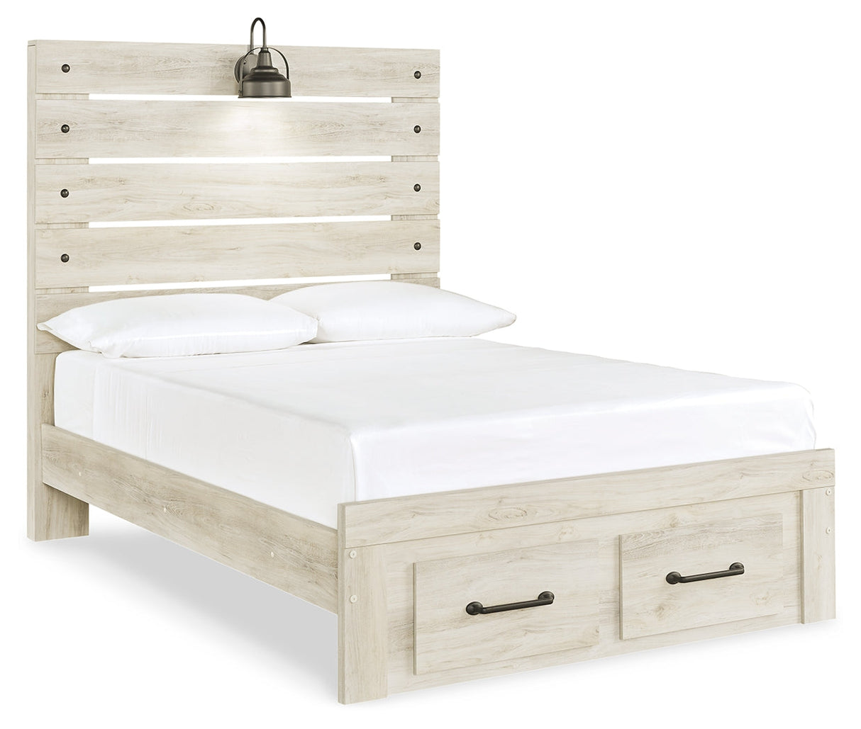 Cambeck Full Panel Bed with 2 Storage Drawers with Mirrored Dresser and 2 Nightstands in Whitewash