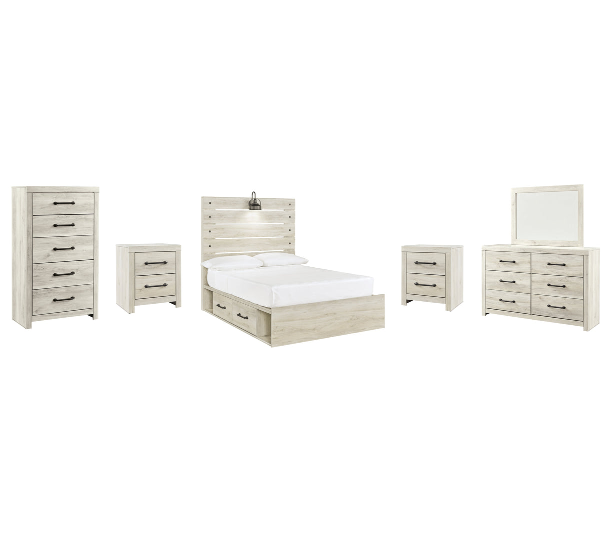 Cambeck Full Panel Bed with 2 Storage Drawers with Mirrored Dresser, Chest and 2 Nightstands in Whitewash