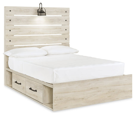 Cambeck Full Panel Bed with 2 Storage Drawers with Mirrored Dresser, Chest and 2 Nightstands in Whitewash