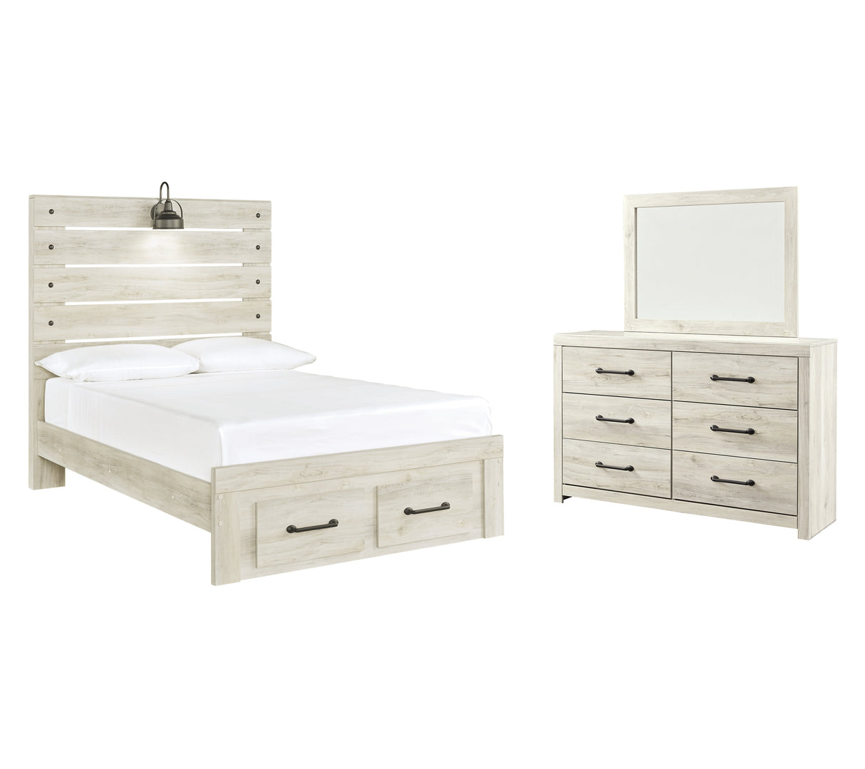 Cambeck Full Panel Bed with 2 Storage Drawers with Mirrored Dresser in Whitewash