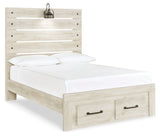 Cambeck Full Panel Bed with 2 Storage Drawers with Mirrored Dresser in Whitewash