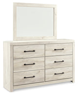 Cambeck King/California King Upholstered Panel Headboard with Mirrored Dresser and 2 Nightstands in Whitewash