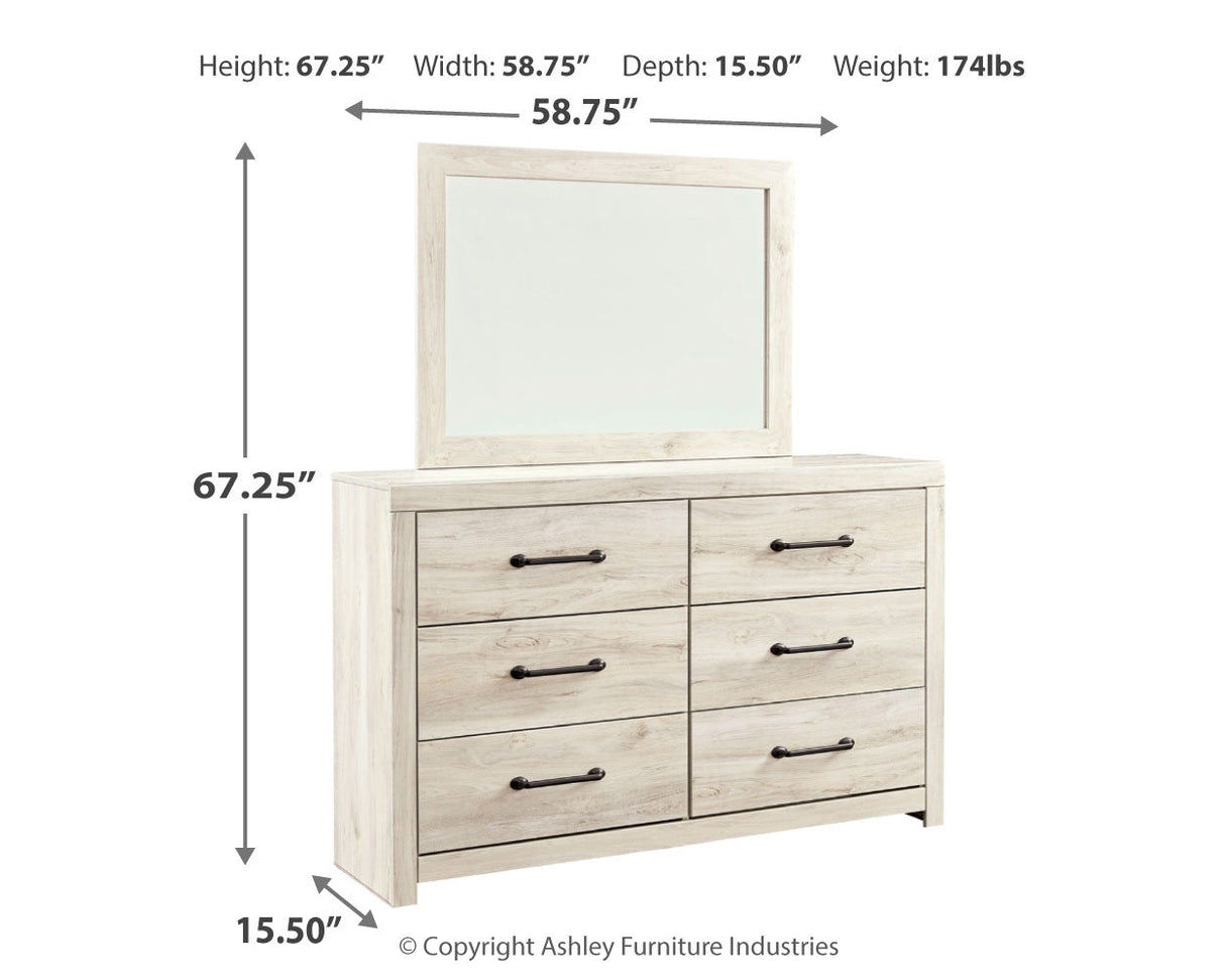 Cambeck King/California King Upholstered Panel Headboard with Mirrored Dresser and 2 Nightstands in Whitewash