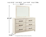 Cambeck King/California King Upholstered Panel Headboard with Mirrored Dresser and 2 Nightstands in Whitewash