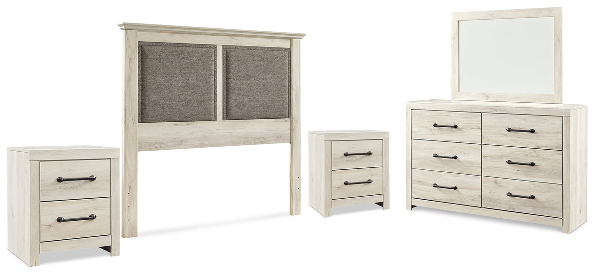 Cambeck King/California King Upholstered Panel Headboard with Mirrored Dresser and 2 Nightstands in Whitewash