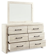 Cambeck King/California King Upholstered Panel Headboard with Mirrored Dresser and 2 Nightstands in Whitewash