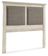 Cambeck King/California King Upholstered Panel Headboard with Mirrored Dresser and 2 Nightstands in Whitewash