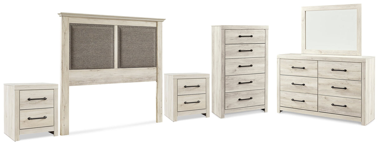 Cambeck King/California King Upholstered Panel Headboard with Mirrored Dresser, Chest and 2 Nightstands in Whitewash