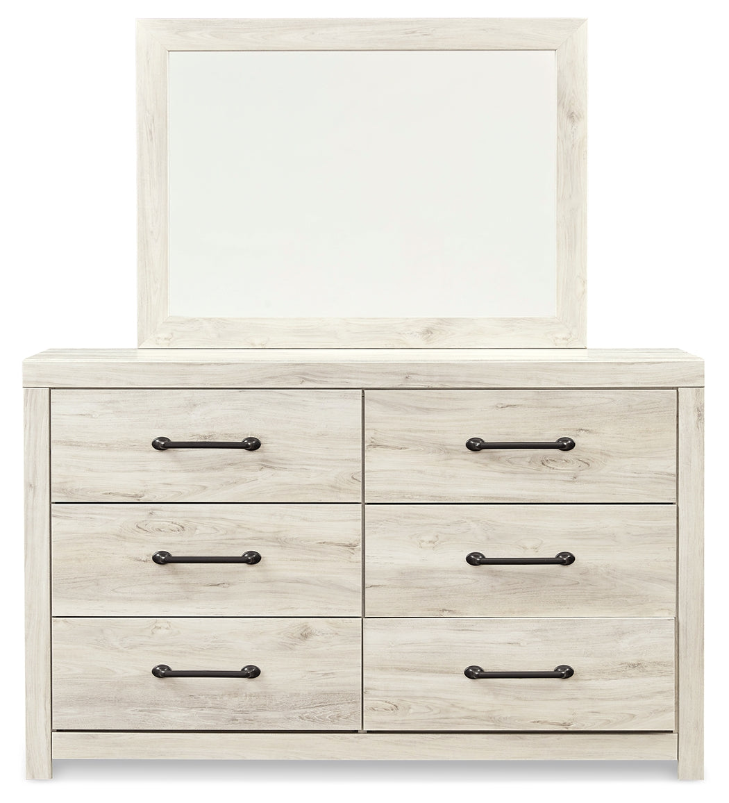 Cambeck King/California King Upholstered Panel Headboard with Mirrored Dresser, Chest and 2 Nightstands in Whitewash