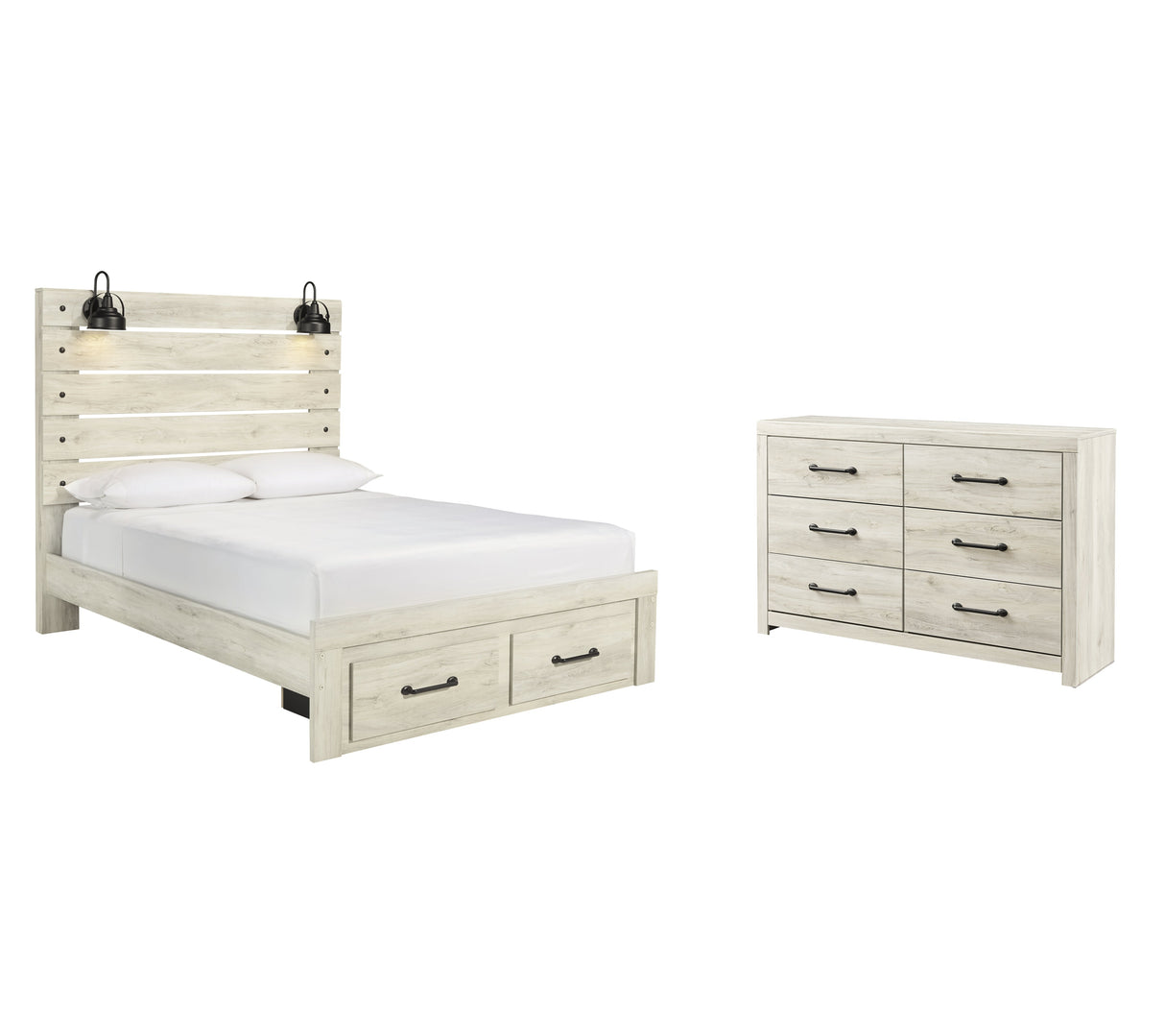 Cambeck Queen Panel Bed with 2 Storage Drawers with Dresser in Whitewash