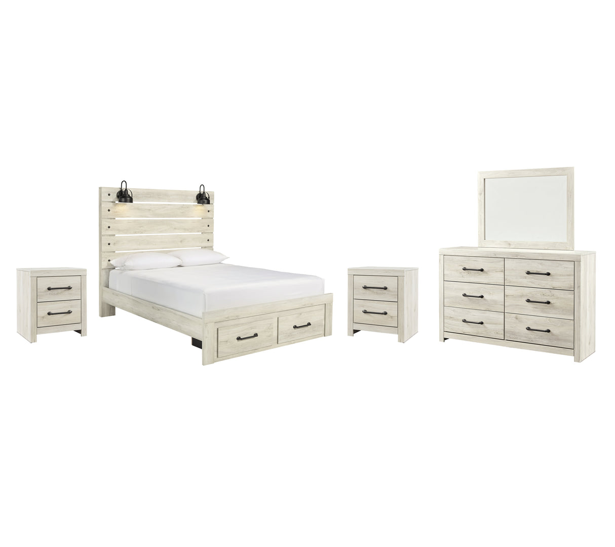 Cambeck Queen Panel Bed with 2 Storage Drawers with Mirrored Dresser and 2 Nightstands in Whitewash