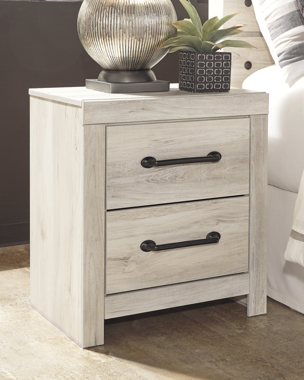 Cambeck Queen Panel Bed with 2 Storage Drawers with Mirrored Dresser and 2 Nightstands in Whitewash