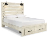 Cambeck Queen Panel Bed with 2 Storage Drawers with Mirrored Dresser and 2 Nightstands in Whitewash